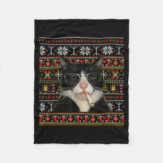 Funny Smoking Cat Meme Christmas Ugly Sweater Cat  Fleece Deken (Voorkant)