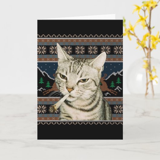 Funny Smoking Cat Meme Christmas Ugly Sweater Cat  Kaart (Gele Bloem)