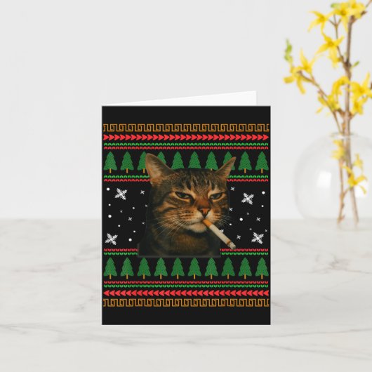 Funny Smoking Cat Meme Christmas Ugly Sweater Cat  Kaart (Gele Bloem)