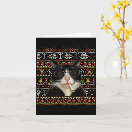 Funny Smoking Cat Meme Christmas Ugly Sweater Cat  Kaart (Gele Bloem)