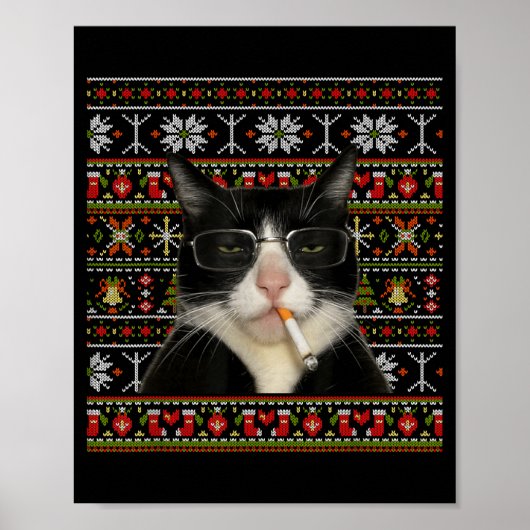 Funny Smoking Cat Meme Christmas Ugly Sweater Cat Poster (Voorkant)