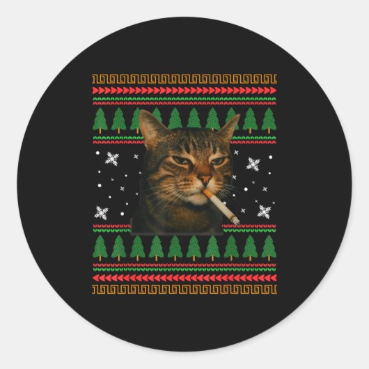 Funny Smoking Cat Meme Christmas Ugly Sweater Cat Ronde Sticker (Voorkant)