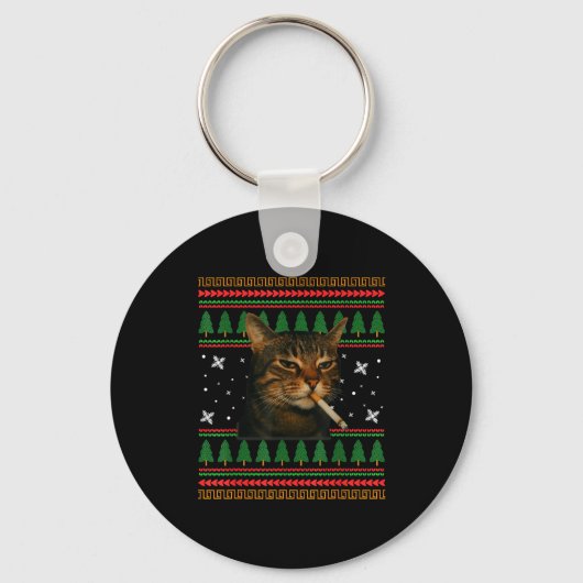Funny Smoking Cat Meme Christmas Ugly Sweater Cat Sleutelhanger (Voorkant)
