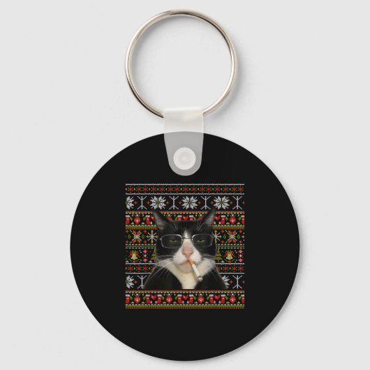 Funny Smoking Cat Meme Christmas Ugly Sweater Cat  Sleutelhanger (Voorkant)