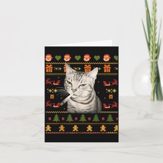 Funny Smoking Cat Meme Christmas Ugly Sweaters For Kaart (Voorkant)