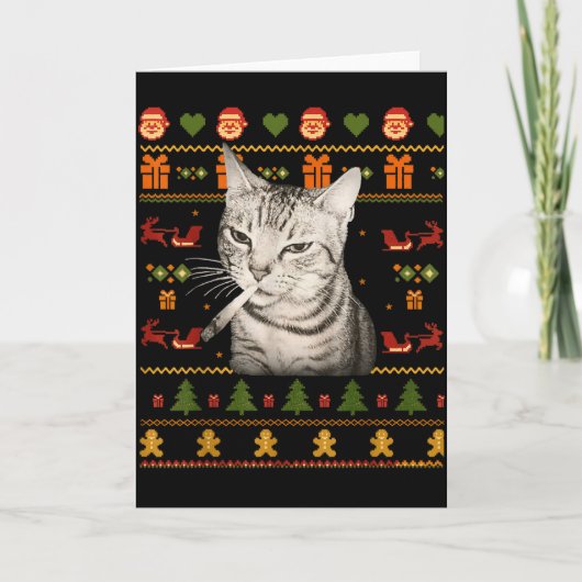 Funny Smoking Cat Meme Christmas Ugly Sweaters For Kaart (Voorkant)
