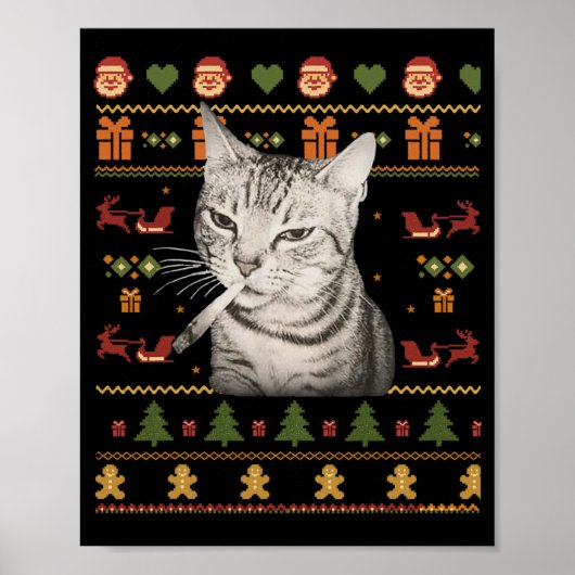 Funny Smoking Cat Meme Christmas Ugly Sweaters For Poster (Voorkant)