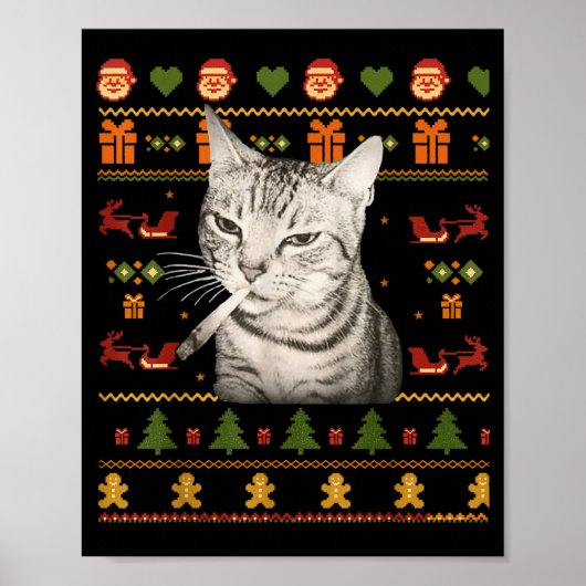Funny Smoking Cat Meme Christmas Ugly Sweaters For Poster (Voorkant)