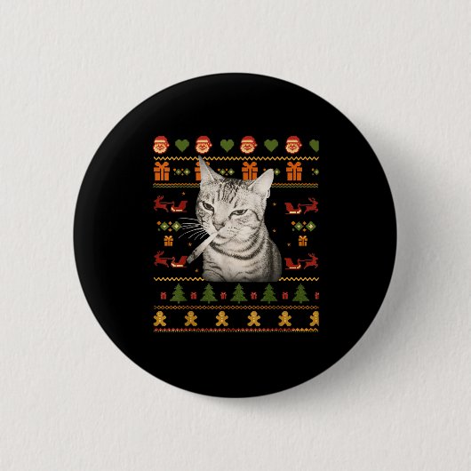 Funny Smoking Cat Meme Christmas Ugly Sweaters For Ronde Button 5,7 Cm (Voorkant)