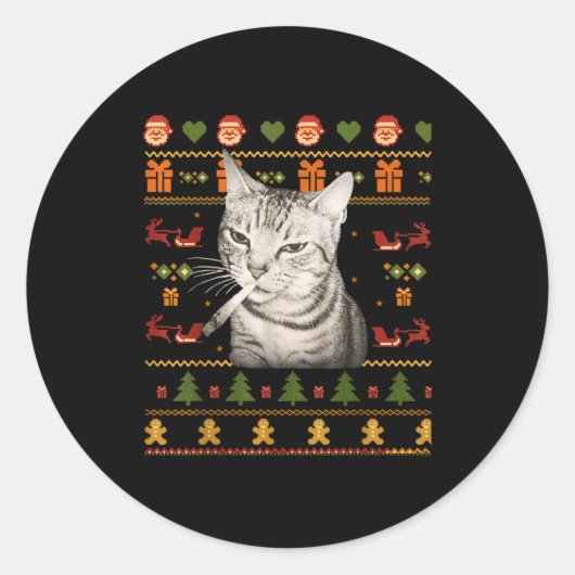 Funny Smoking Cat Meme Christmas Ugly Sweaters For Ronde Sticker (Voorkant)