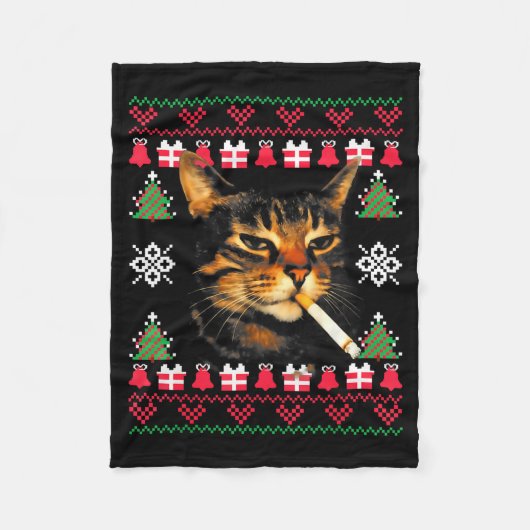 Funny Smoking Cat Meme Ugly Christmas Sweater For Fleece Deken (Voorkant)