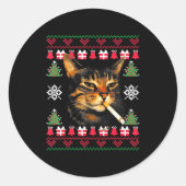 Funny Smoking Cat Meme Ugly Christmas Sweater For  Ronde Sticker (Voorkant)