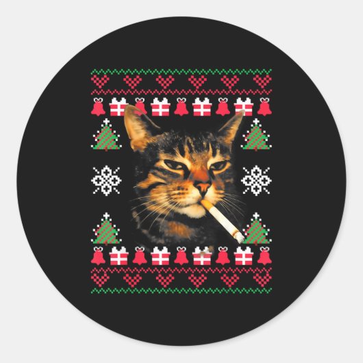 Funny Smoking Cat Meme Ugly Christmas Sweater For Ronde Sticker (Voorkant)