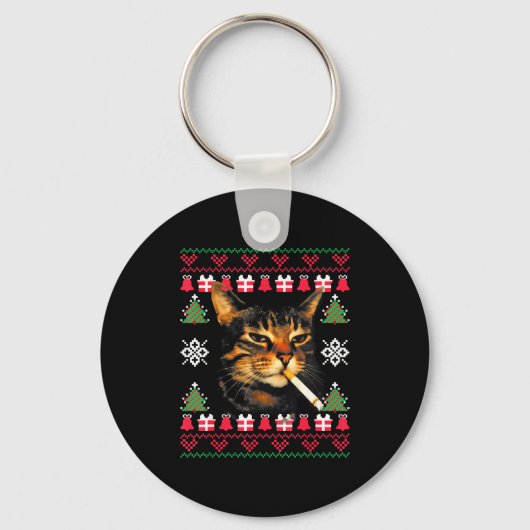 Funny Smoking Cat Meme Ugly Christmas Sweater For Sleutelhanger (Voorkant)