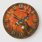 Funny Smoking Deer Rustic Hunting Cabin Grote Klok (Voorkant)