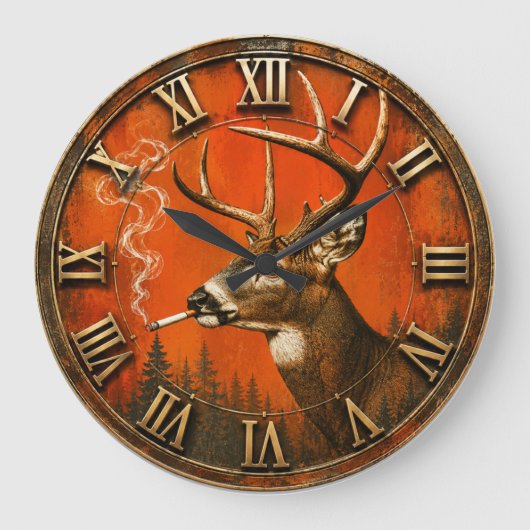Funny Smoking Deer Rustic Hunting Cabin Grote Klok (Voorkant)