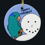 Funny Snowman Blue Parrotlet Ornament<br><div class="desc">Vreemd blauw Parrotlet-ornament. De kleurrijke papegaai zit op de schouder van een sneeuwman,  waarbij de arme sneeuw zijn wortelneus in zijn voet is,  waar hij op heeft geknibd. De tekst luidt: "Prettige feestdagen!" Hilarious papegaaien zien er perfect uit op de kerstboom van de vogelliefhebber.</div>