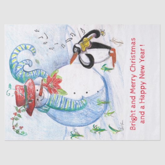 FUNNY SNOWMAN EN PENGUIN WINTER SERENADE TISSUEPAPIER (Voorkant)