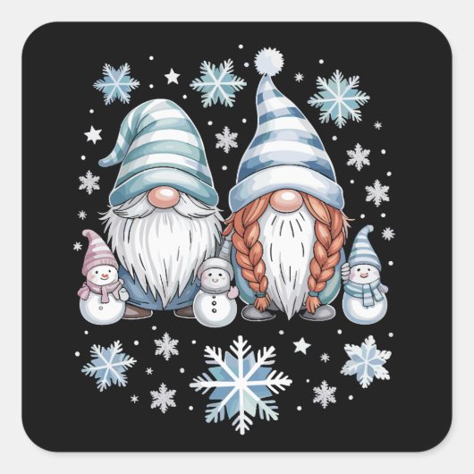 Funny Snowman Gnomen met Snowflakes Cute Winter Vierkante Sticker (Voorkant)