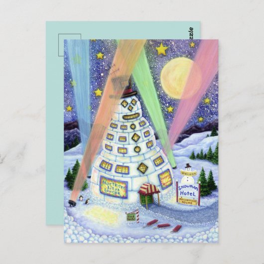 FUNNY SNOWMAN HOTEL, NOORDELIJKE LICHTEN EN PENGUI BRIEFKAART (Voorkant / Achterkant)