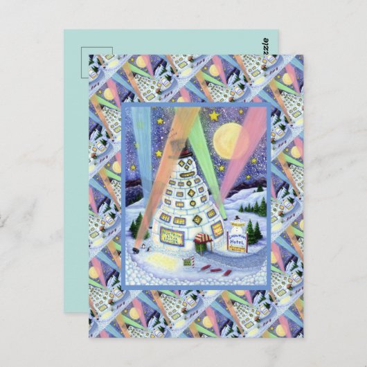 FUNNY SNOWMAN HOTEL, NOORDELIJKE LICHTEN EN PENGUI BRIEFKAART (Voorkant / Achterkant)