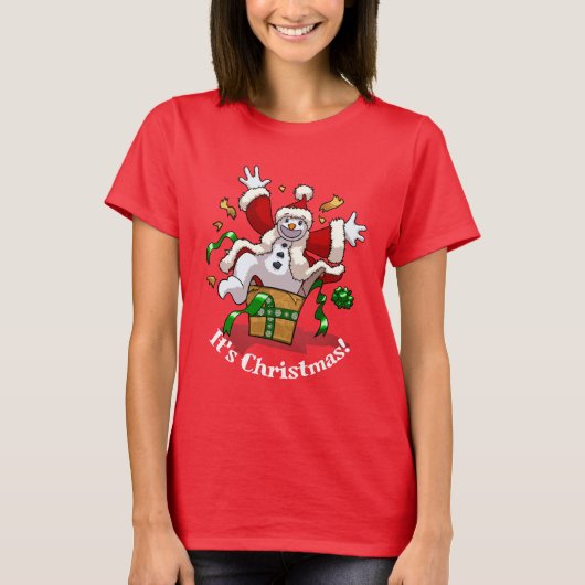 Funny Snowman It's Christmas! Big Surprise Cartoon T-shirt (Voorkant)