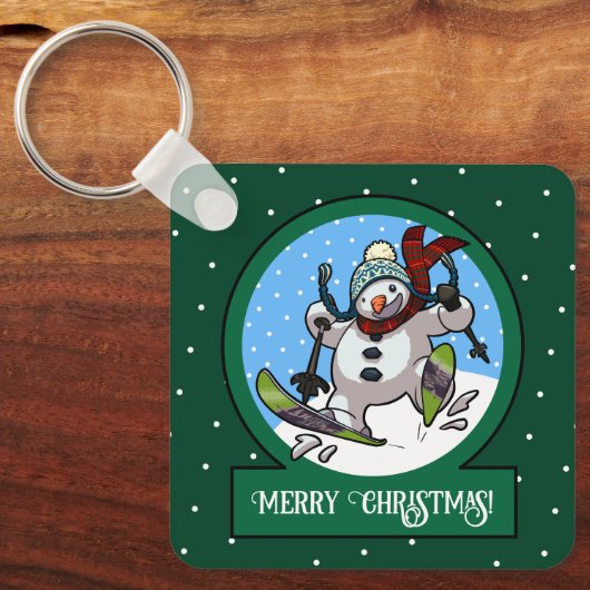 Funny Snowman Merry Christmas! Skiing Cartoon Sleutelhanger (Voorkant)