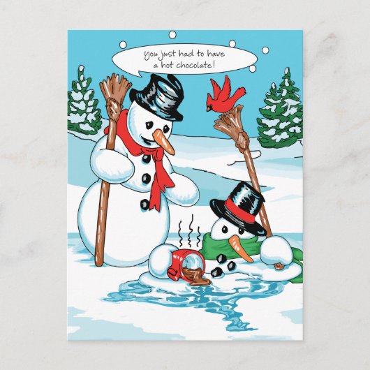 Funny Snowman met Hot Chocolate Cartoon Briefkaart (Voorkant)