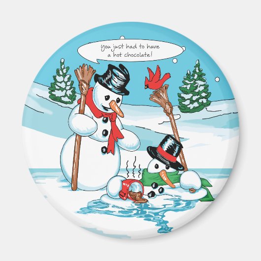 Funny Snowman met Hot Chocolate Cartoon Magneet (Voorkant)