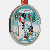 Funny Snowman met Hot Chocolate Cartoon Metalen Ornament (Rechts)