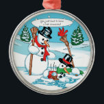 Funny Snowman met Hot Chocolate Cartoon Metalen Ornament<br><div class="desc">Een verrassende sneeuwpop is in een puddle gesmolten omdat hij gewoon een kopje cacao moest hebben! Deze gekke cartoon is mijn oorspronkelijke kunstwerk, en ik hoop dat het je laat glimlachen! Het ontwerp is beschikbaar op tientallen geschenk- en kledingartikelen in mijn winkel, Gingerbrood Wishes. Het zou een perfecte keuze zijn...</div>