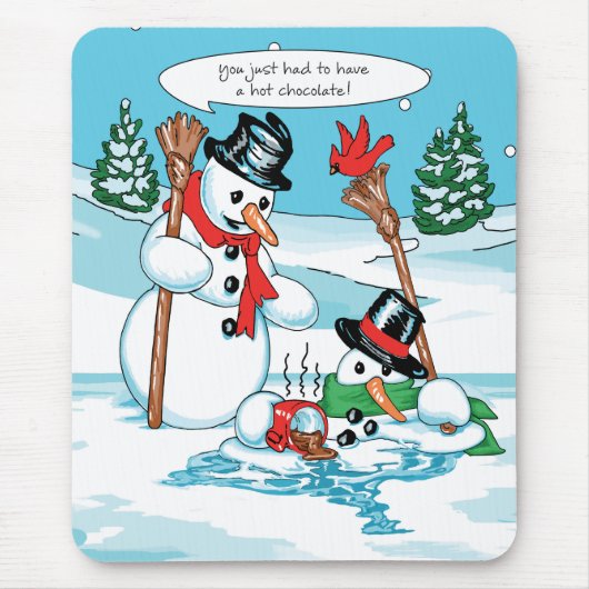 Funny Snowman met Hot Chocolate Cartoon Muismat (Voorkant)