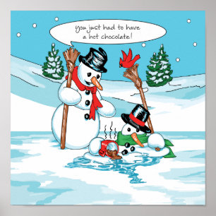 Funny Snowman met Hot Chocolate Cartoon Poster