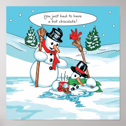 Funny Snowman met Hot Chocolate Cartoon Poster (Voorkant)