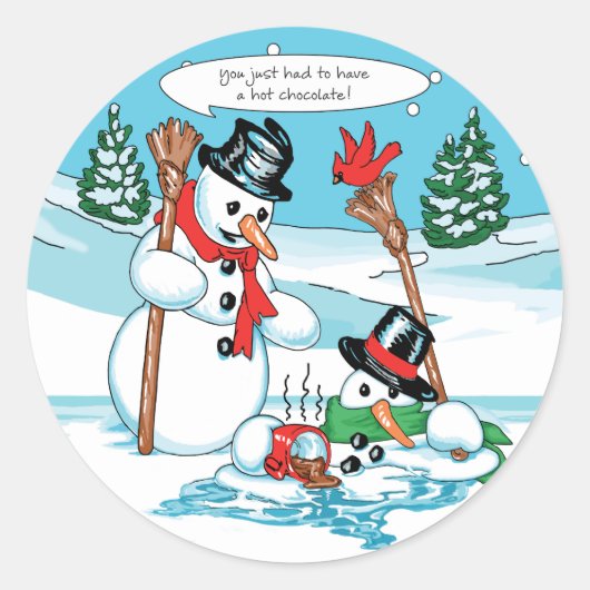 Funny Snowman met Hot Chocolate Cartoon Ronde Sticker (Voorkant)