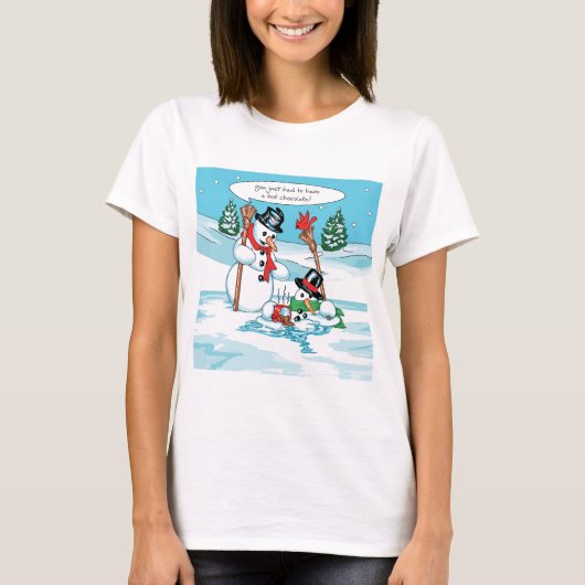 Funny Snowman met Hot Chocolate Cartoon T-shirt (Voorkant)
