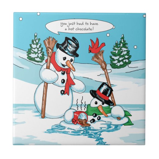 Funny Snowman met Hot Chocolate Cartoon Tegeltje (Voorkant)
