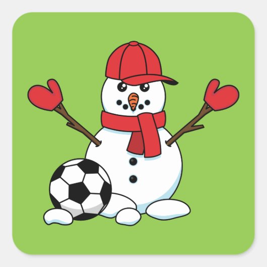 Funny Snowman met Voetbal Vierkante Sticker (Voorkant)