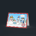 Funny Snowman Patriotic Kerstmis Feestdagen Kaart<br><div class="desc">Sluiting van het lachen tijdens het vakantieseizoen? Hier zijn een paar grappige sneeuwkaarten om naar familie en vrienden te sturen! Dit nieuwe, originele ontwerp van Raphaela Wilson toont een patriottische sneeuwwedstrijd.. Wie kan nu een majestueuze kale adelaar slaan? Verander wat de citaatbellen zeggen, en onthul een extra citaatbubble als u...</div>