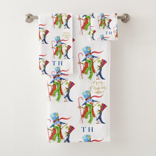 Funny Snowman Penguin Gold Glitter Merry Kerstmis Bad Handdoek (Insitu)