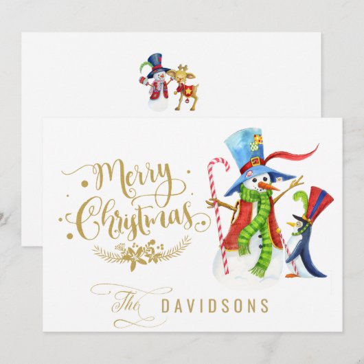 Funny Snowman Penguin Gold Glitter Merry Kerstmis Feestdagenkaart (Voorkant / Achterkant)