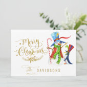 Funny Snowman Penguin Gold Glitter Merry Kerstmis Feestdagenkaart (Staand voorkant)