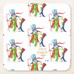 Funny Snowman Penguin Gold Glitter Merry Kerstmis Kartonnen Onderzetters