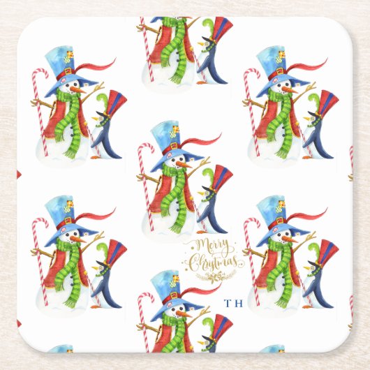 Funny Snowman Penguin Gold Glitter Merry Kerstmis Kartonnen Onderzetters (Voorkant)