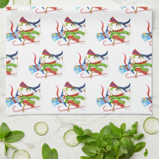 Funny Snowman Penguin Gold Glitter Merry Kerstmis Theedoek (Gevouwen)