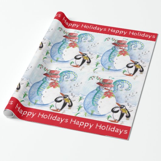 FUNNY SNOWMAN, PENGUIN'S WINTER SERENADE-Kerstmis Cadeaupapier (Uitgerold)