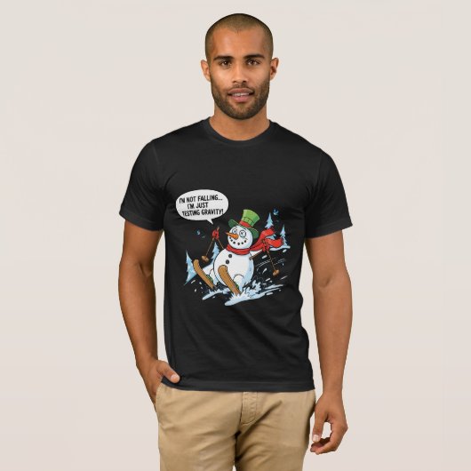 Funny Snowman Testing Gravity – Winter Ski Joke T-shirt (Voorkant volledig)