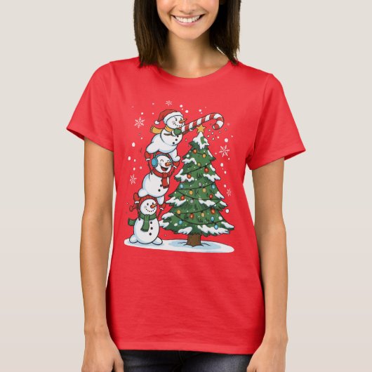 Funny Snowmen and Christmas Tree Cute Holiday  T-shirt (Voorkant)