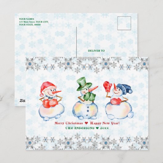 Funny Snowmen Merry Kerstkrystals Snowflakes Briefkaart (Voorkant / Achterkant)