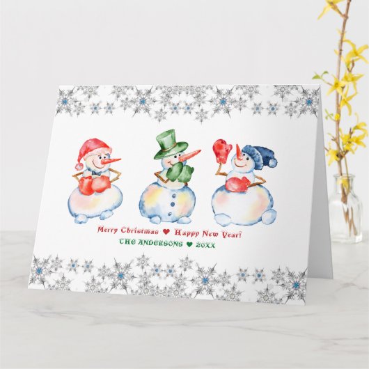 Funny Snowmen Merry Kerstkrystals Snowflakes Kaart (Gele Bloem)
